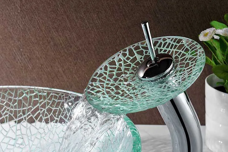Anzzi Choir Series Deco-Glass Vessel Sink in Crystal Clear Mosaic with Matching Chrome Waterfall Faucet