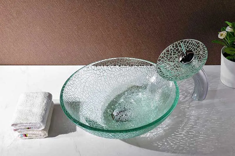 Anzzi Choir Series Deco-Glass Vessel Sink in Crystal Clear Mosaic with Matching Chrome Waterfall Faucet