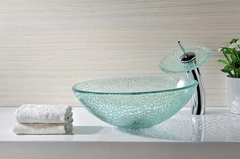 Anzzi Choir Series Deco-Glass Vessel Sink in Crystal Clear Mosaic with Matching Chrome Waterfall Faucet