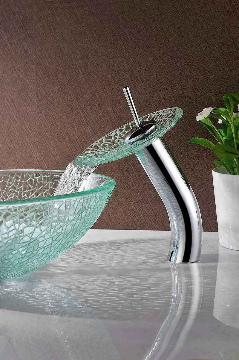 Anzzi Choir Series Deco-Glass Vessel Sink in Crystal Clear Mosaic with Matching Chrome Waterfall Faucet