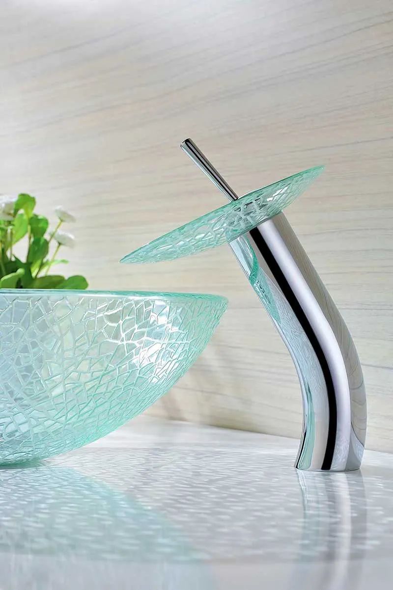 Anzzi Choir Series Deco-Glass Vessel Sink in Crystal Clear Mosaic with Matching Chrome Waterfall Faucet
