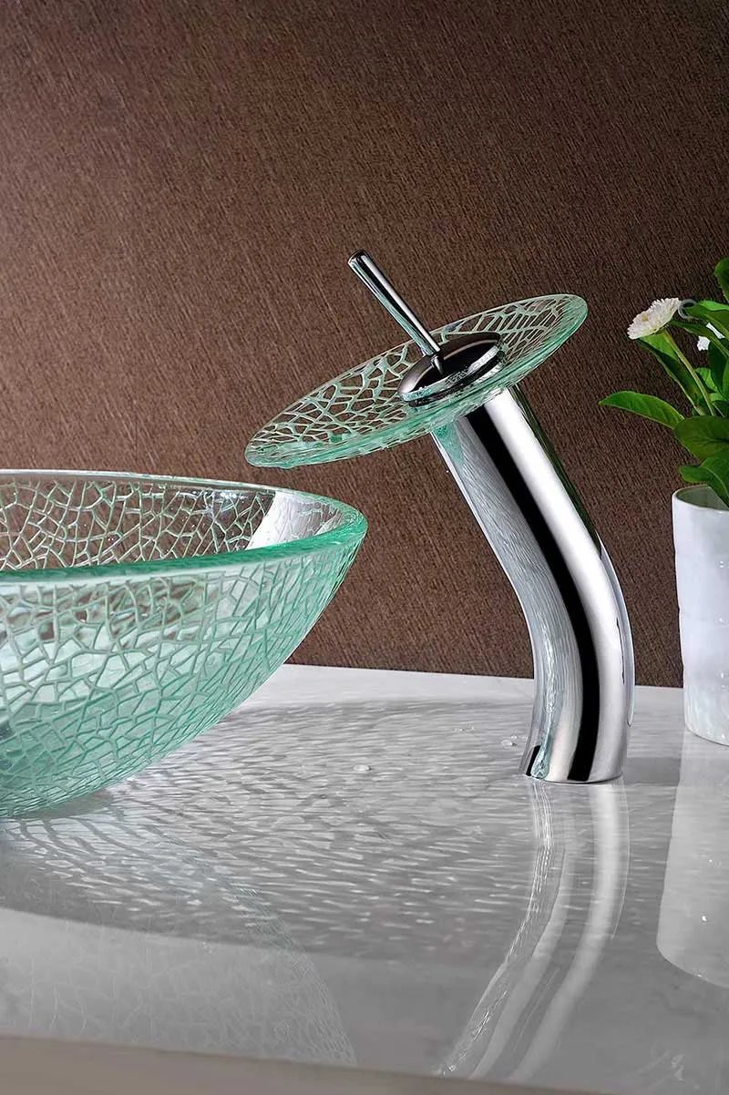 Anzzi Choir Series Deco-Glass Vessel Sink in Crystal Clear Mosaic with Matching Chrome Waterfall Faucet