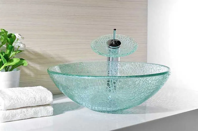 Anzzi Choir Series Deco-Glass Vessel Sink in Crystal Clear Mosaic with Matching Chrome Waterfall Faucet