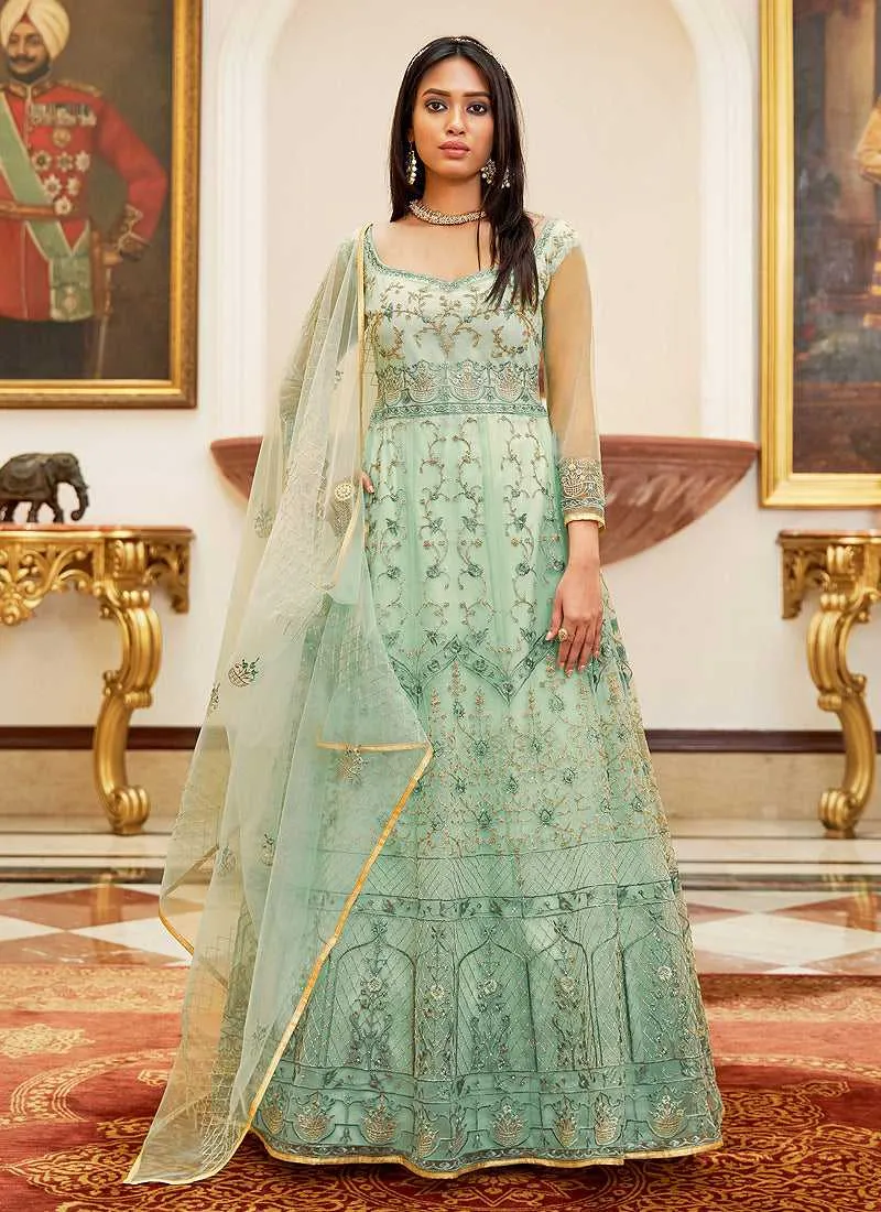 Aqua Blue Floral Designer Embroidered Kalidar Anarkali