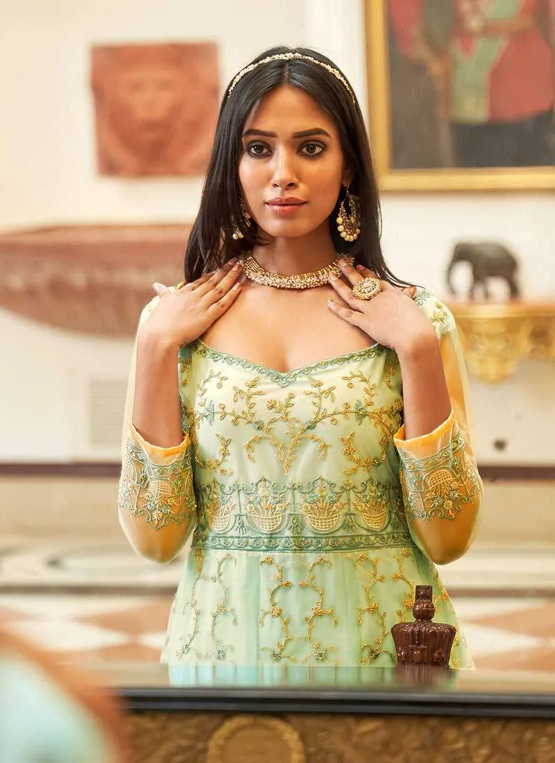 Aqua Blue Floral Designer Embroidered Kalidar Anarkali