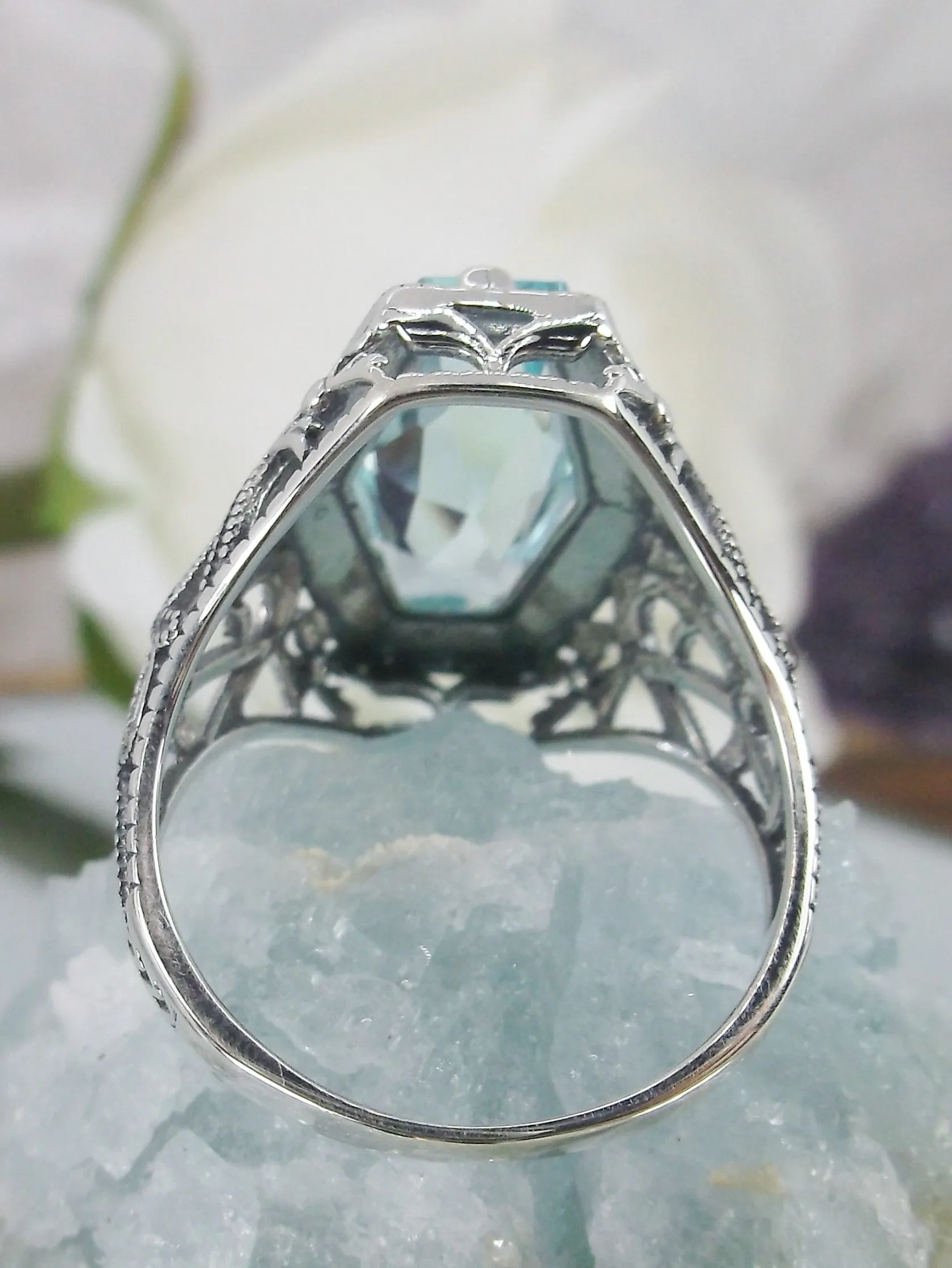 Aquamarine Ring, Hexagon Gem with Art Deco Filigree, Edwardian Jewelry #D237