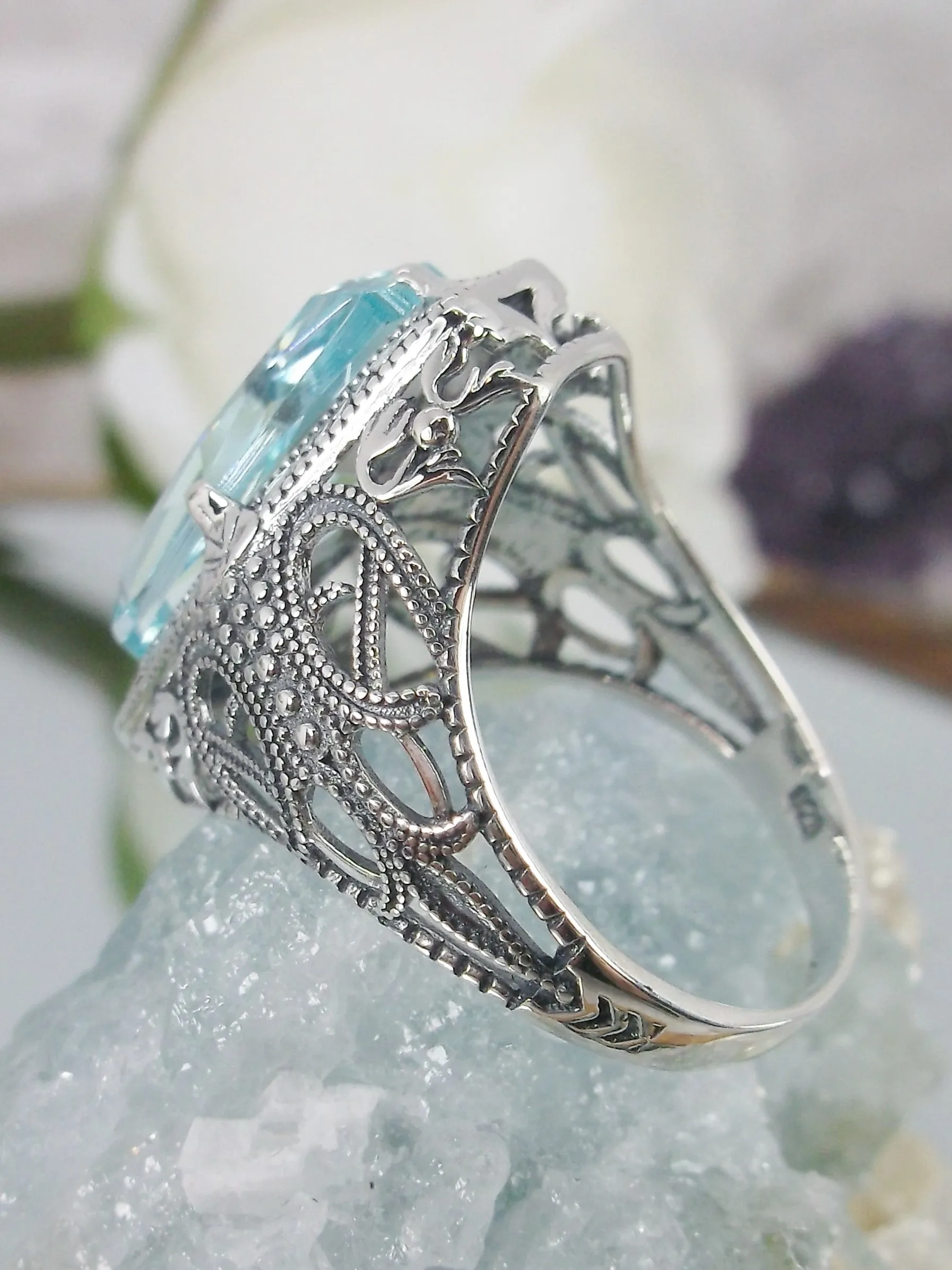 Aquamarine Ring, Hexagon Gem with Art Deco Filigree, Edwardian Jewelry #D237