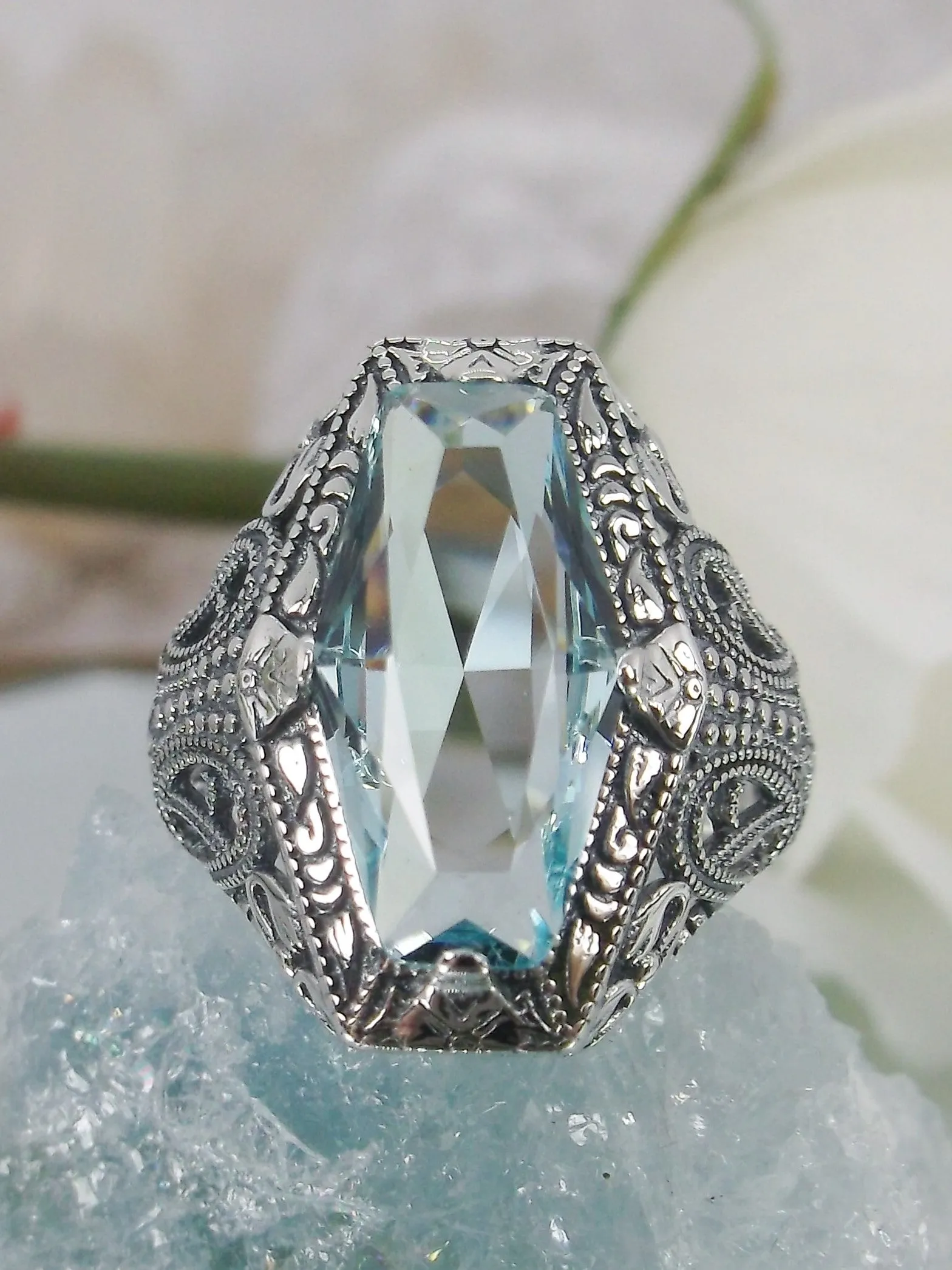 Aquamarine Ring, Hexagon Gem with Art Deco Filigree, Edwardian Jewelry #D237