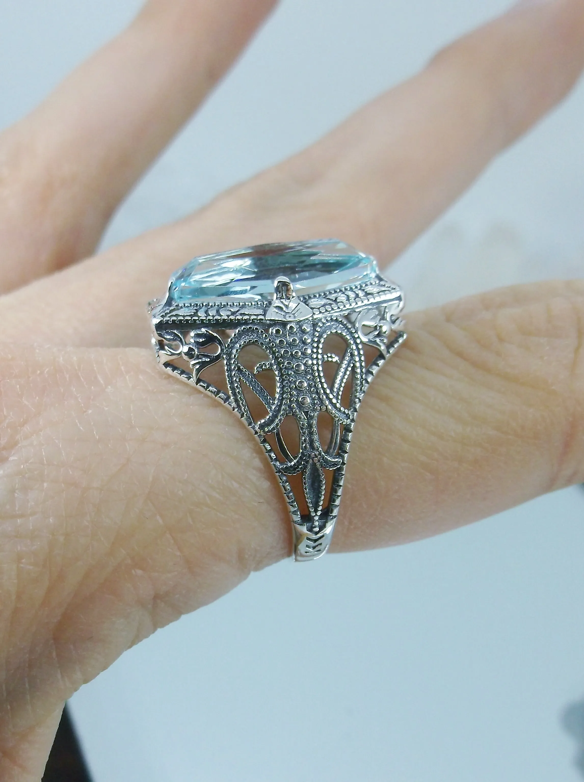 Aquamarine Ring, Hexagon Gem with Art Deco Filigree, Edwardian Jewelry #D237