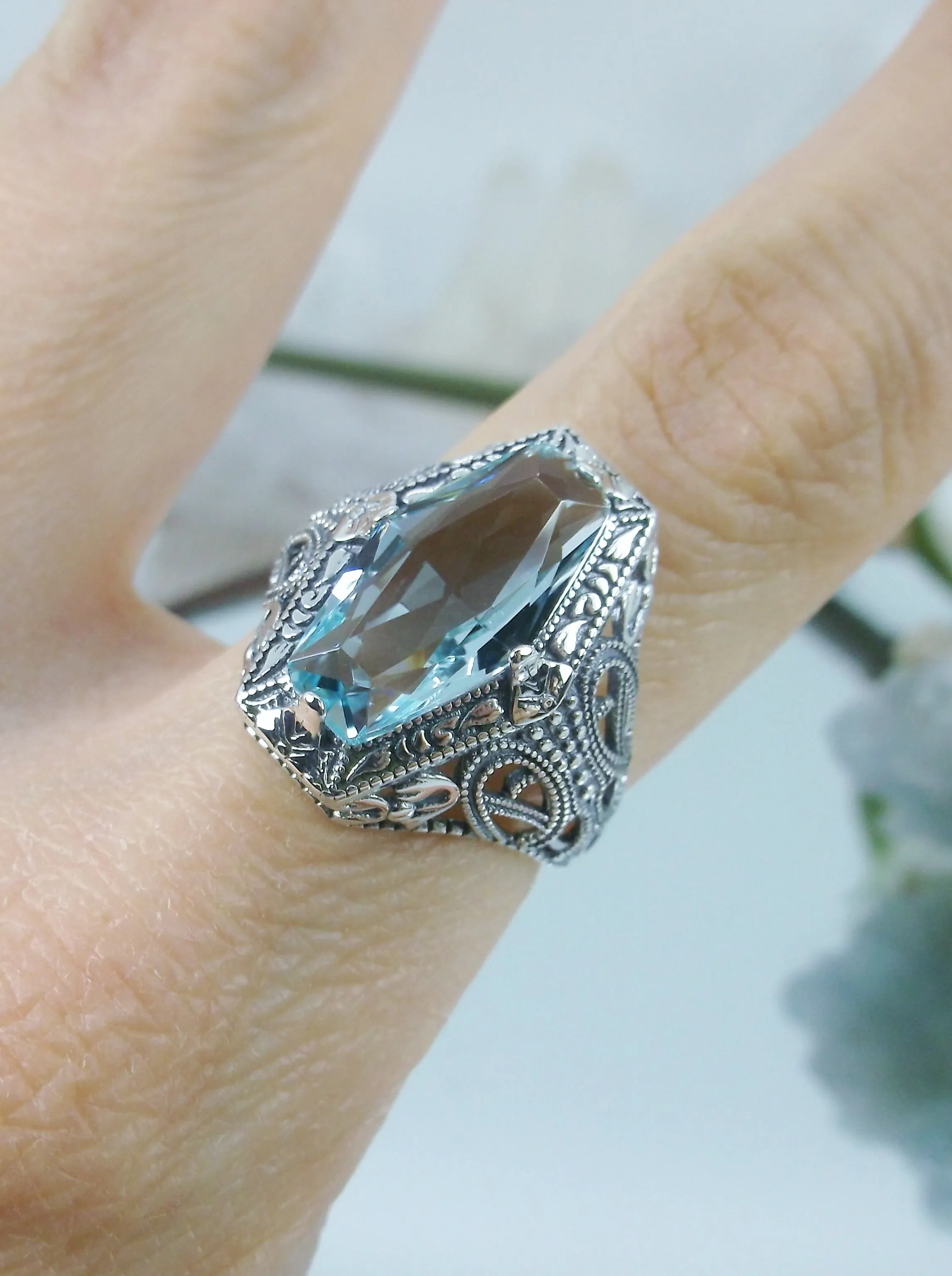 Aquamarine Ring, Hexagon Gem with Art Deco Filigree, Edwardian Jewelry #D237