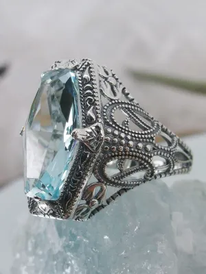 Aquamarine Ring, Hexagon Gem with Art Deco Filigree, Edwardian Jewelry #D237