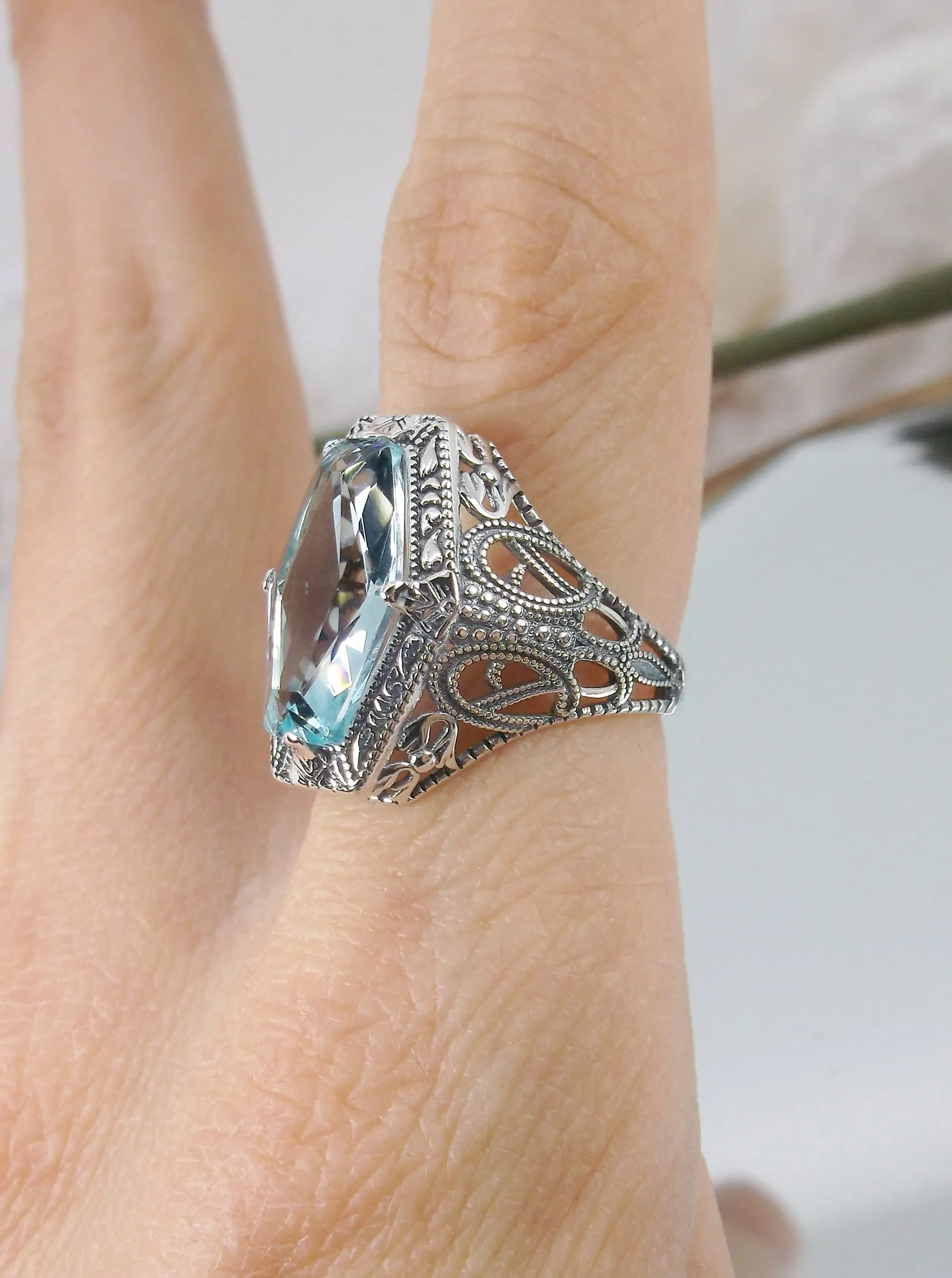 Aquamarine Ring, Hexagon Gem with Art Deco Filigree, Edwardian Jewelry #D237