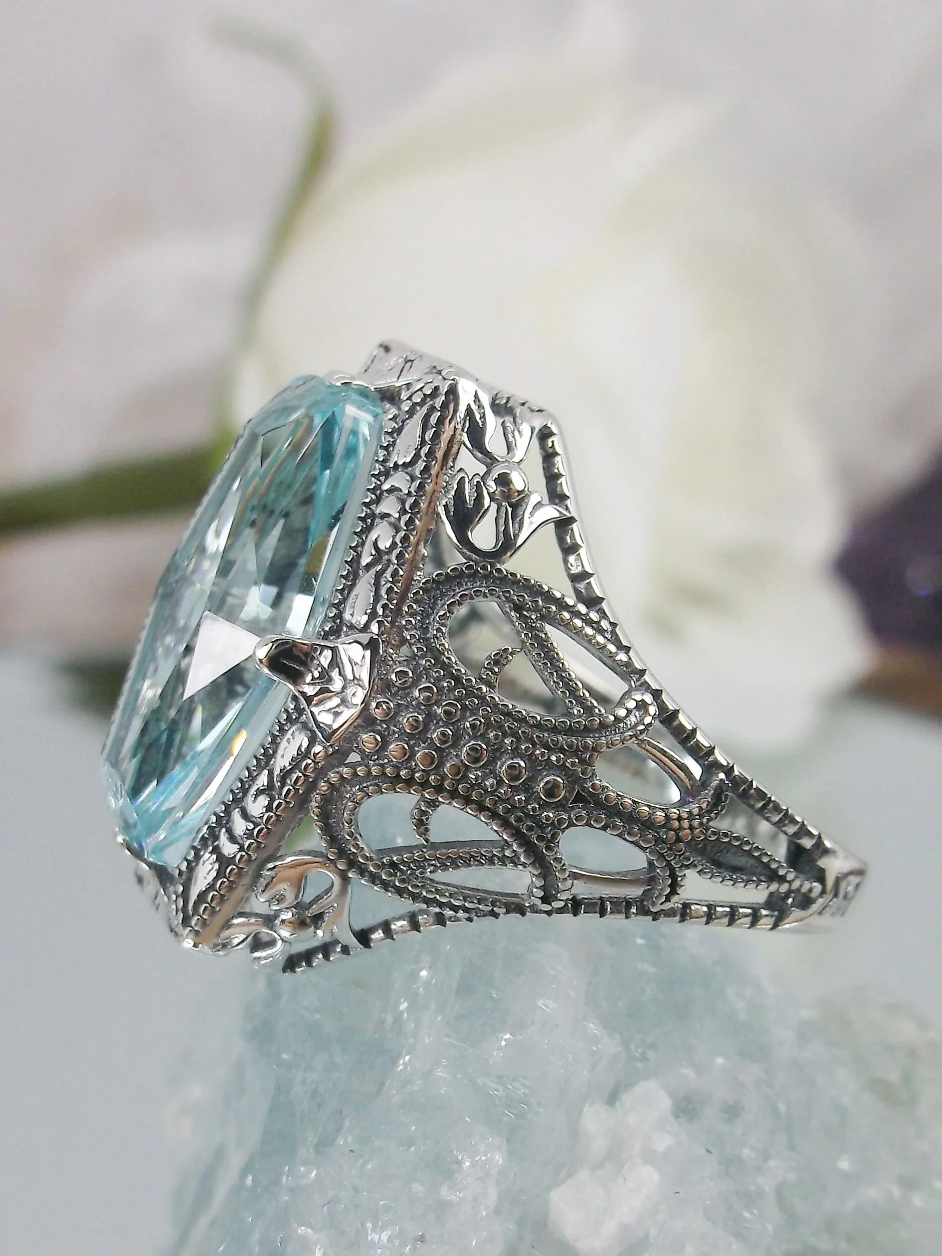 Aquamarine Ring, Hexagon Gem with Art Deco Filigree, Edwardian Jewelry #D237