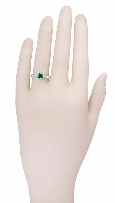 Art Deco 0.68 Carat Princess Cut Tsavorite Garnet and Diamond Engagement Ring in 18 Karat White Gold