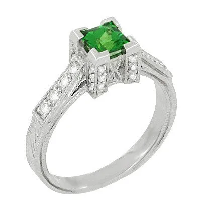 Art Deco 0.68 Carat Princess Cut Tsavorite Garnet and Diamond Engagement Ring in 18 Karat White Gold