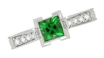 Art Deco 0.68 Carat Princess Cut Tsavorite Garnet and Diamond Engagement Ring in 18 Karat White Gold