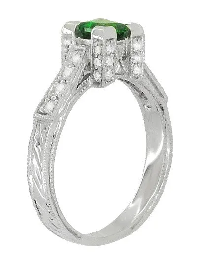 Art Deco 0.68 Carat Princess Cut Tsavorite Garnet and Diamond Engagement Ring in 18 Karat White Gold
