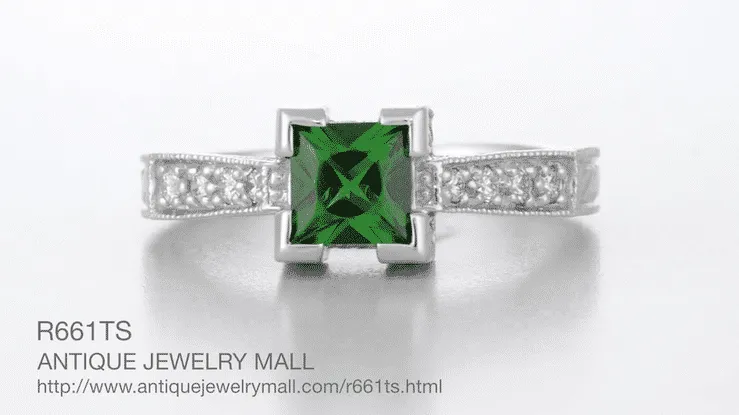 Art Deco 0.68 Carat Princess Cut Tsavorite Garnet and Diamond Engagement Ring in 18 Karat White Gold