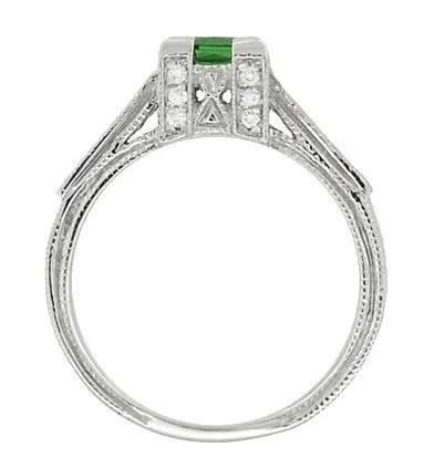 Art Deco 0.68 Carat Princess Cut Tsavorite Garnet and Diamond Engagement Ring in 18 Karat White Gold