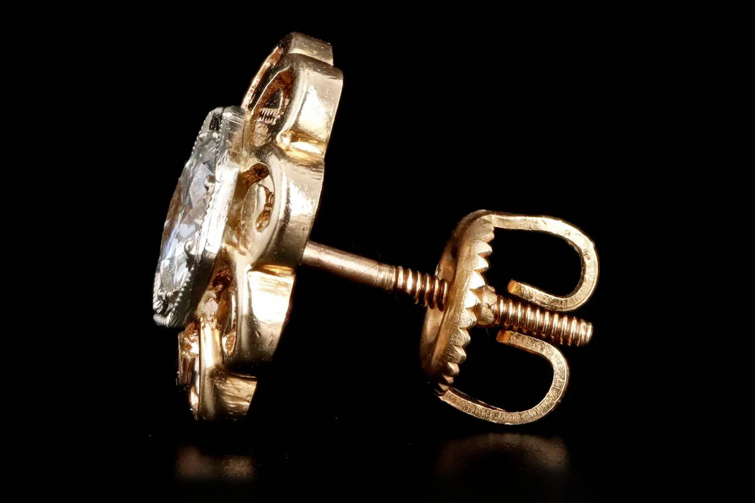Art Deco 14K Gold Two Tone 1 Carat Total Weight Old European Diamond Geometric Screw Back Stud Earrings