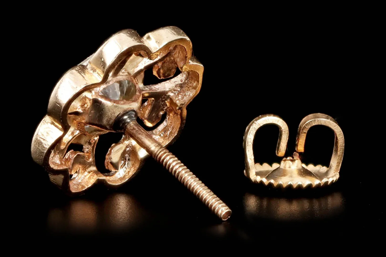 Art Deco 14K Gold Two Tone 1 Carat Total Weight Old European Diamond Geometric Screw Back Stud Earrings