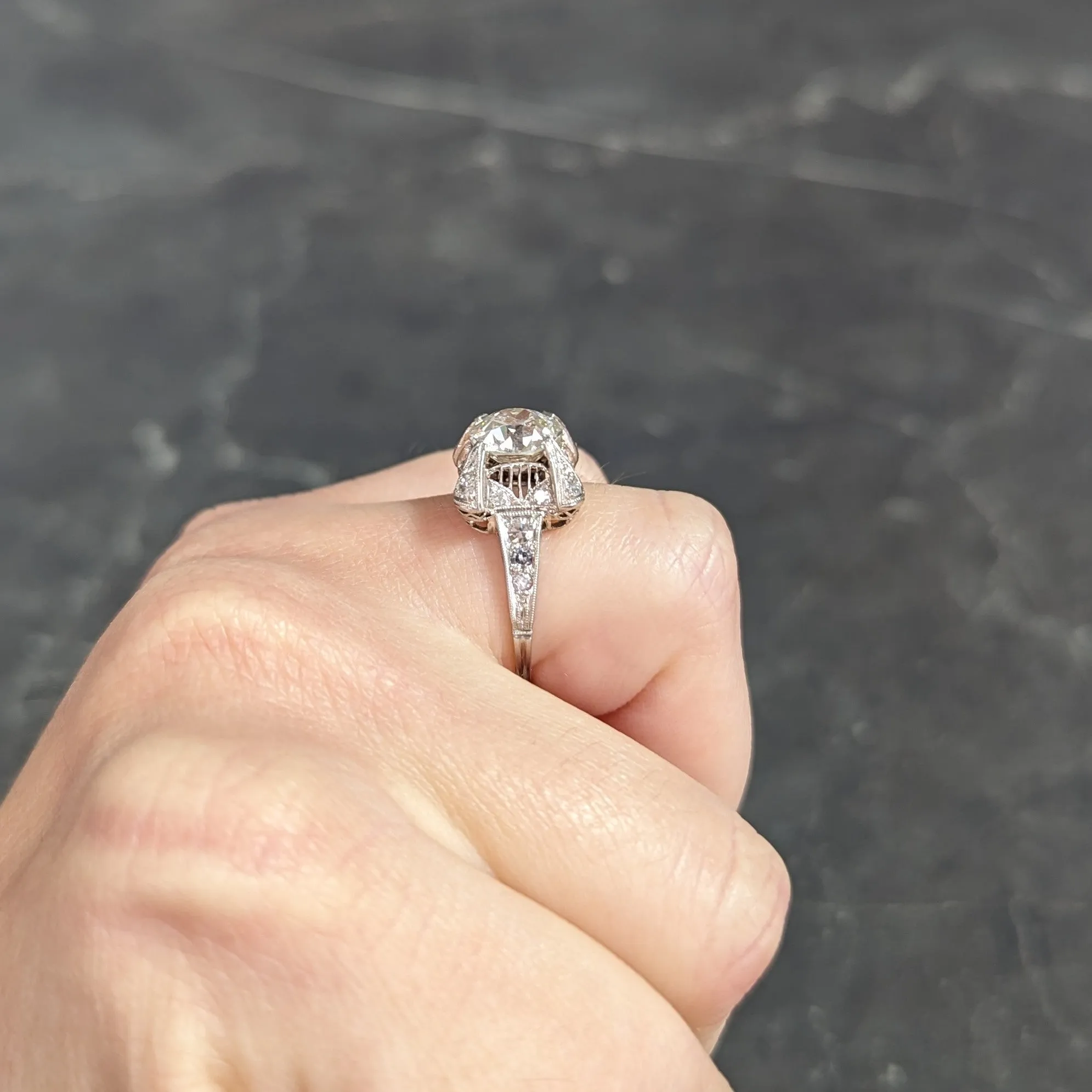 Art Deco 2.53 CTW Old European Cut Diamond Platinum Filigree Engagement Ring