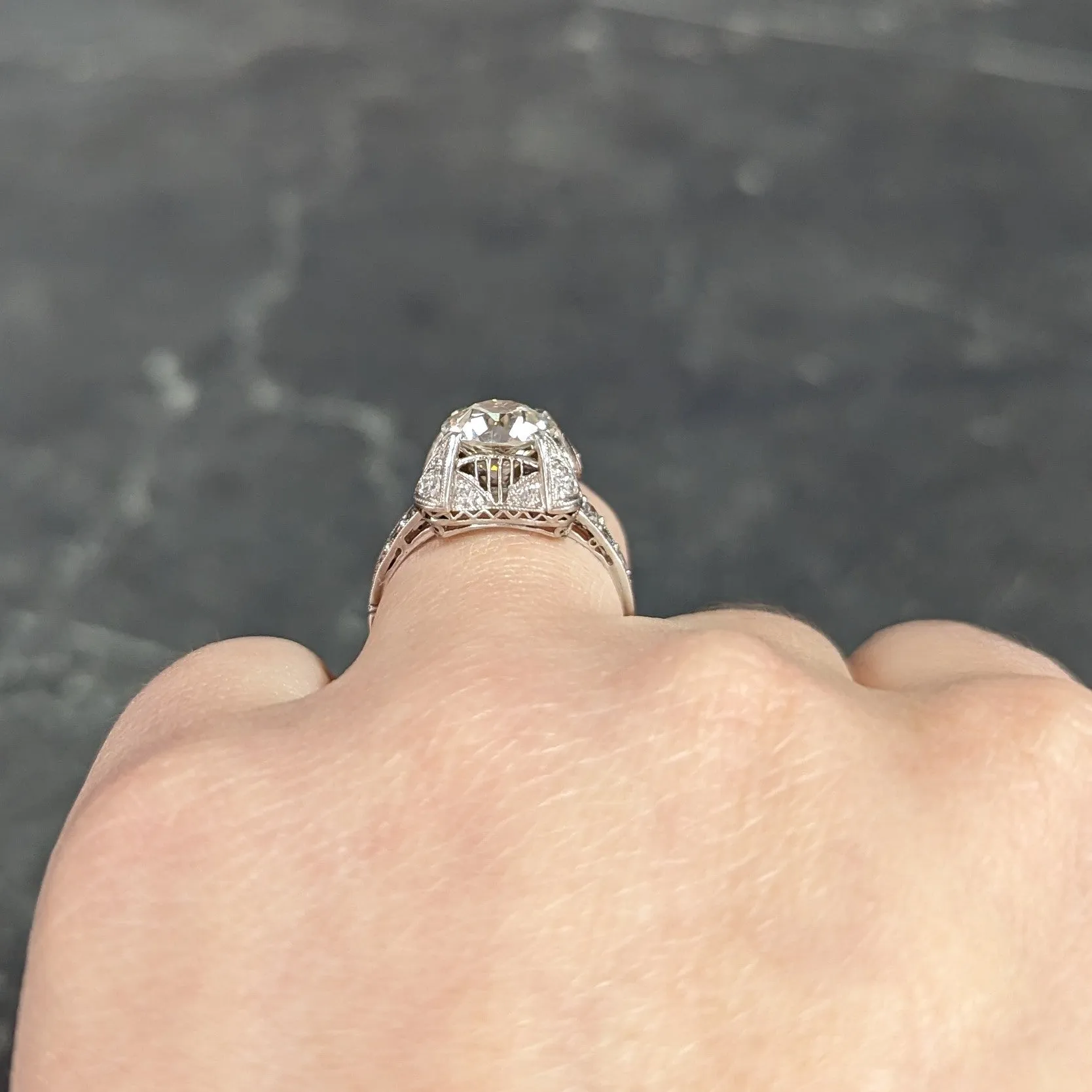 Art Deco 2.53 CTW Old European Cut Diamond Platinum Filigree Engagement Ring