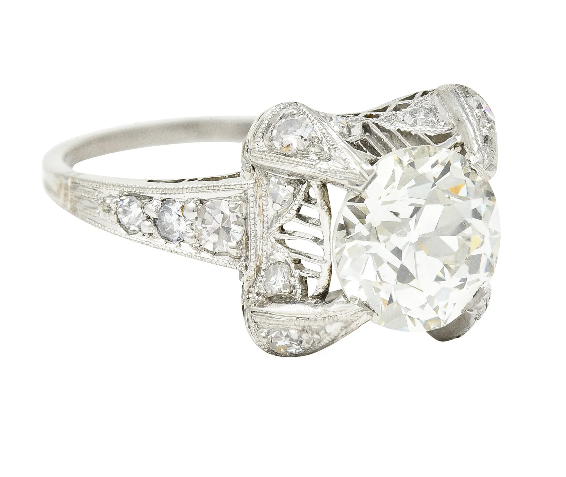 Art Deco 2.53 CTW Old European Cut Diamond Platinum Filigree Engagement Ring