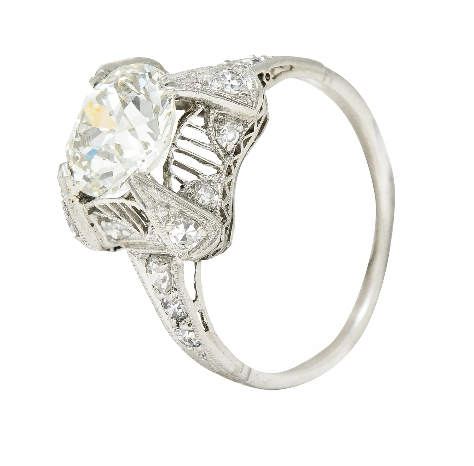 Art Deco 2.53 CTW Old European Cut Diamond Platinum Filigree Engagement Ring
