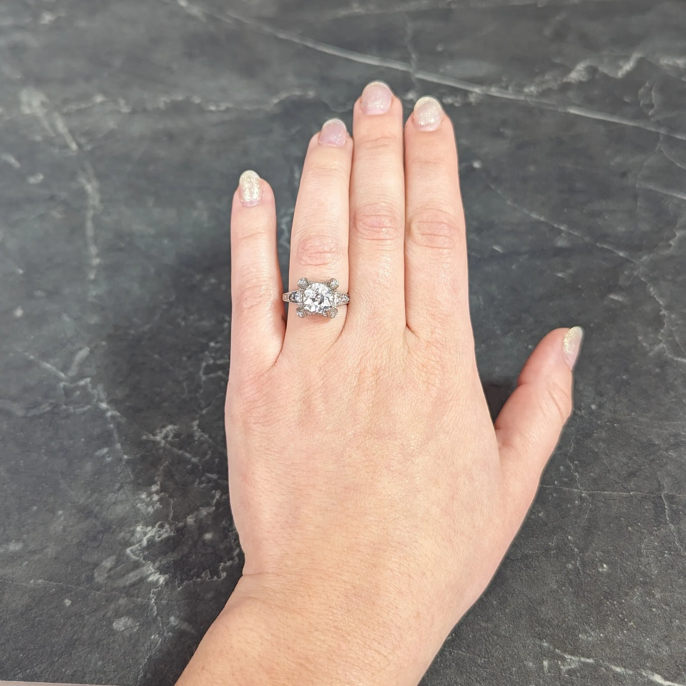 Art Deco 2.53 CTW Old European Cut Diamond Platinum Filigree Engagement Ring