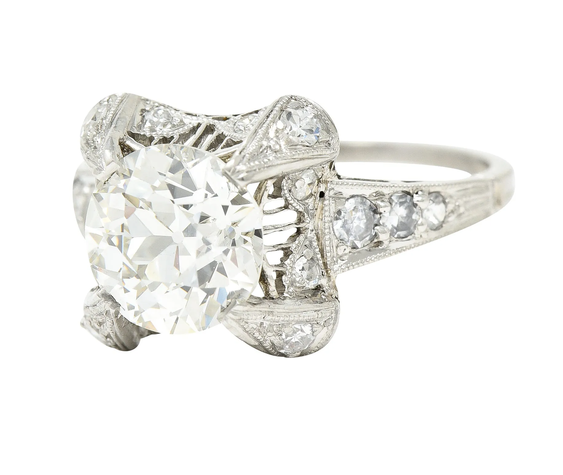 Art Deco 2.53 CTW Old European Cut Diamond Platinum Filigree Engagement Ring