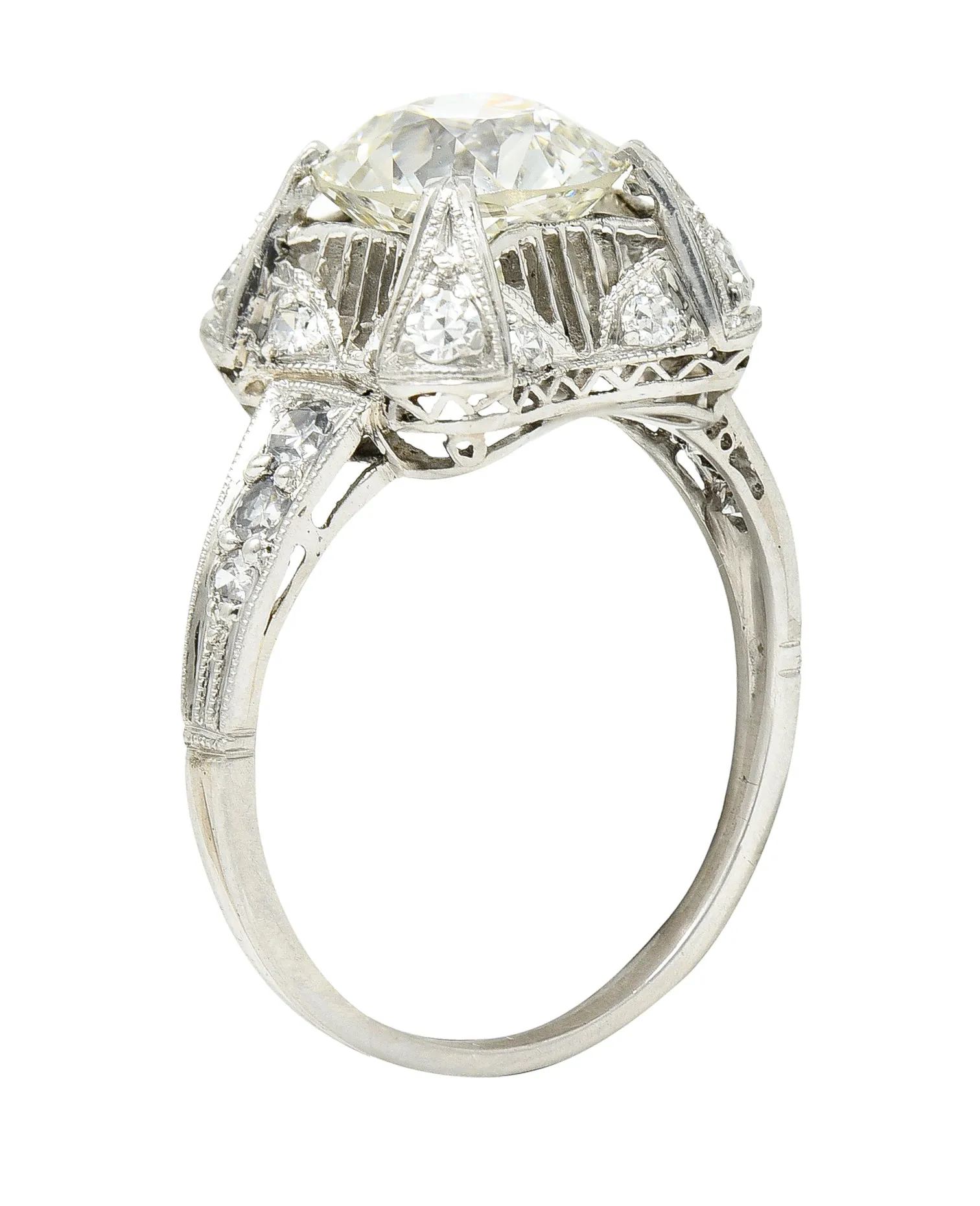 Art Deco 2.53 CTW Old European Cut Diamond Platinum Filigree Engagement Ring