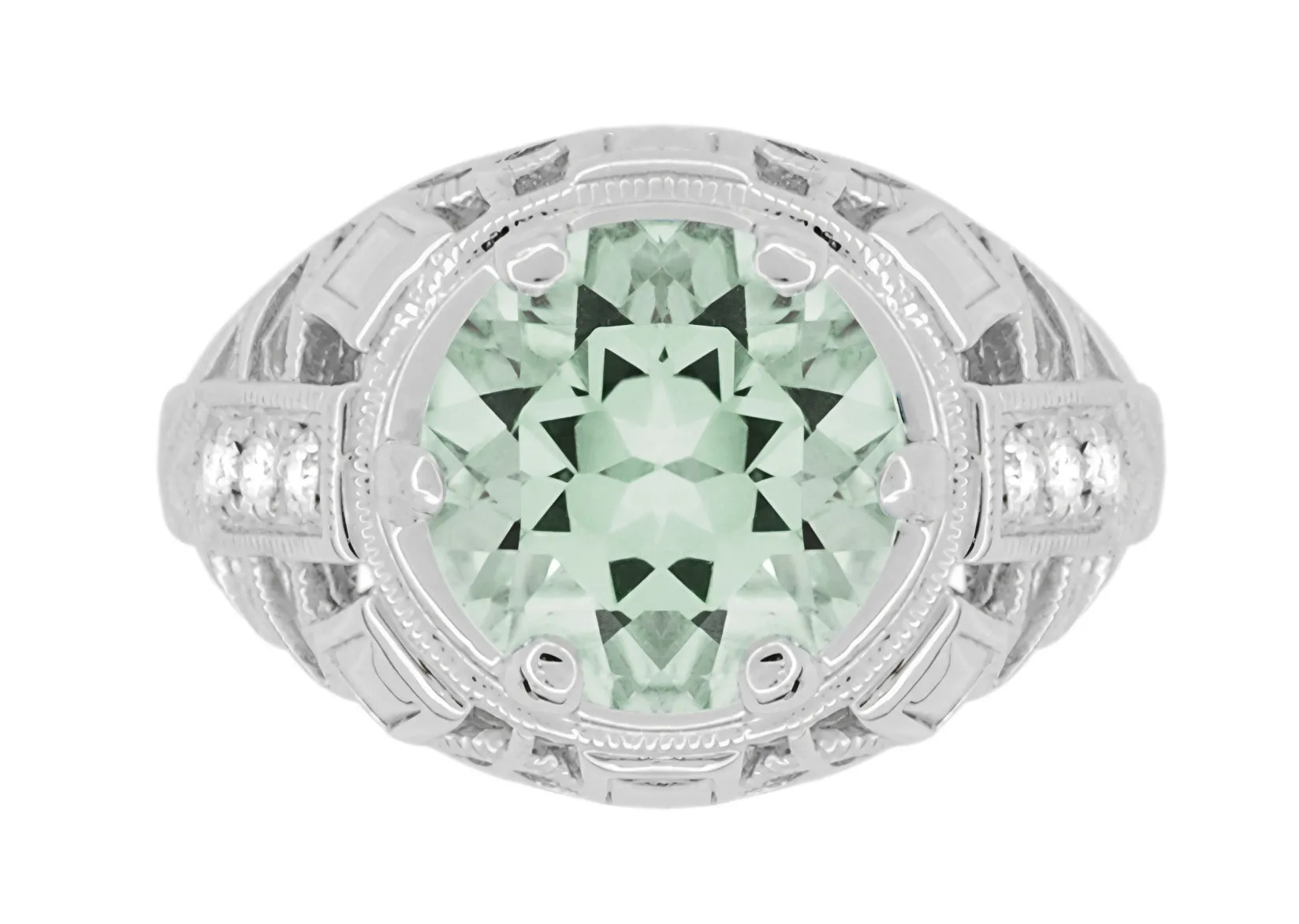 Art Deco 4.5 Carat Prasiolite ( Green Amethyst ) Filigree Dome Ring with Side Diamonds in 14 Karat White Gold