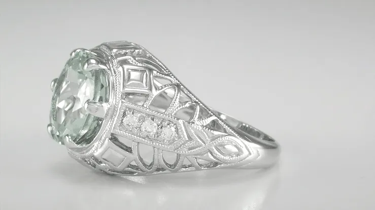 Art Deco 4.5 Carat Prasiolite ( Green Amethyst ) Filigree Dome Ring with Side Diamonds in 14 Karat White Gold