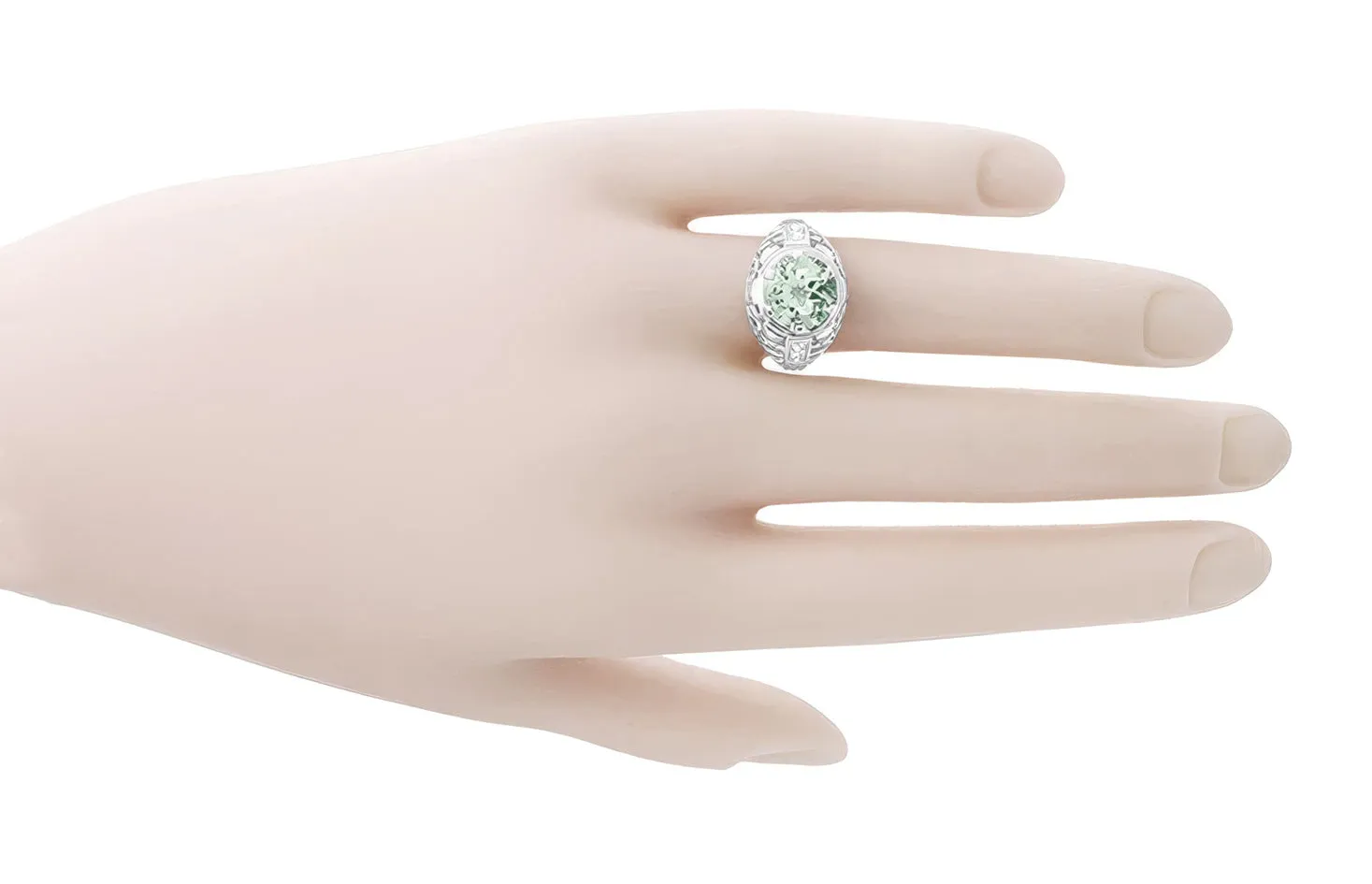 Art Deco 4.5 Carat Prasiolite ( Green Amethyst ) Filigree Dome Ring with Side Diamonds in 14 Karat White Gold