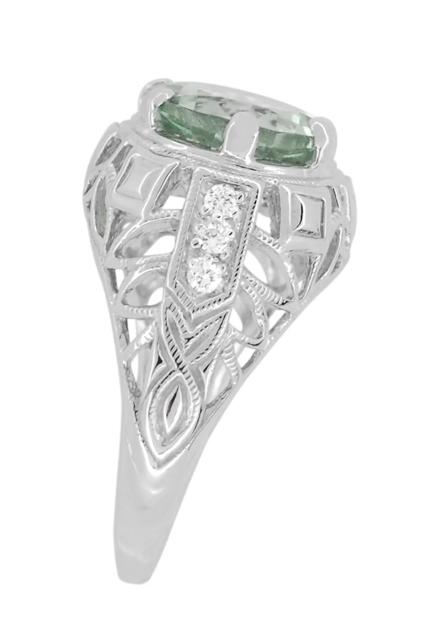 Art Deco 4.5 Carat Prasiolite ( Green Amethyst ) Filigree Dome Ring with Side Diamonds in 14 Karat White Gold