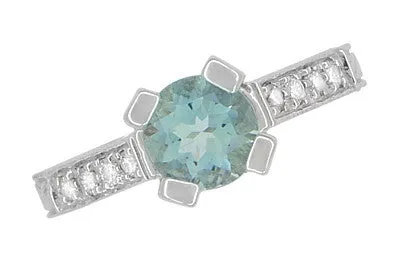 Art Deco Castle 3/4 Carat Aquamarine Engagement Ring in Platinum