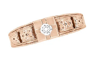Art Deco Filigree Engraved Diamond Engagement Ring in 14 Karat Rose Gold