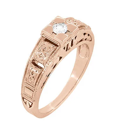 Art Deco Filigree Engraved Diamond Engagement Ring in 14 Karat Rose Gold