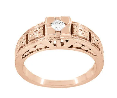 Art Deco Filigree Engraved Diamond Engagement Ring in 14 Karat Rose Gold