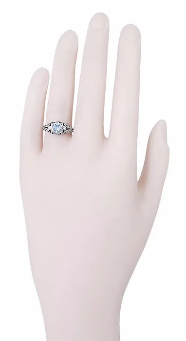 Art Deco Filigree Heart Shaped Sky Blue Topaz Promise Ring in Sterling Silver