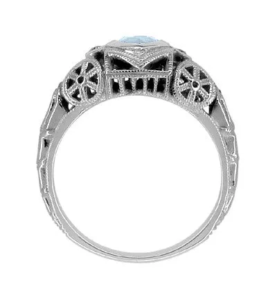 Art Deco Filigree Heart Shaped Sky Blue Topaz Promise Ring in Sterling Silver