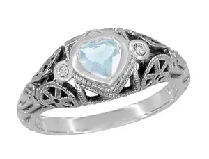 Art Deco Filigree Heart Shaped Sky Blue Topaz Promise Ring in Sterling Silver