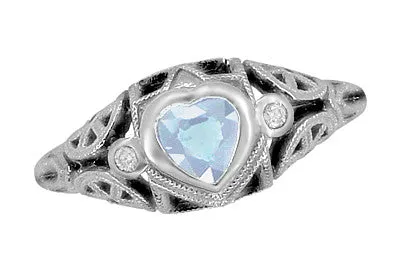 Art Deco Filigree Heart Shaped Sky Blue Topaz Promise Ring in Sterling Silver