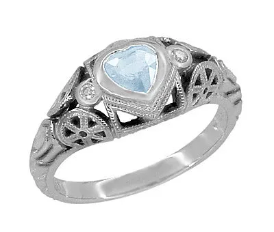 Art Deco Filigree Heart Shaped Sky Blue Topaz Promise Ring in Sterling Silver