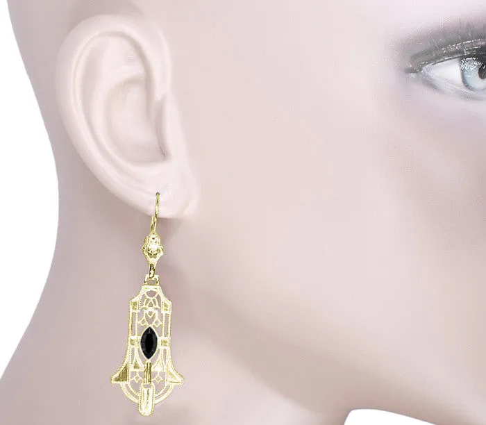Art Deco Geometric Black Onyx Dangling Filigree Earrings in Sterling Silver with Yellow Gold Vermeil