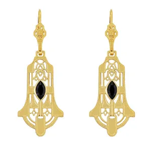 Art Deco Geometric Black Onyx Dangling Filigree Earrings in Sterling Silver with Yellow Gold Vermeil
