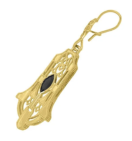 Art Deco Geometric Black Onyx Dangling Filigree Earrings in Sterling Silver with Yellow Gold Vermeil