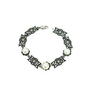 Art Deco Geometric Marcasite Japanese Saltwater Akoya Cultured Pearl Vintage Bracelet- Sterling Silver