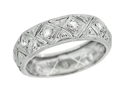 Art Deco Shelton Geometric Antique Diamond Wedding Band in Platinum - Size 5 1/2